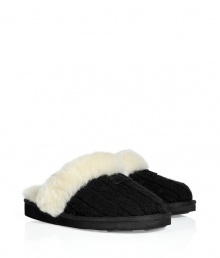 Lounge in comfort and style in these ultra-luxe shearling lined slippers from UGG Australia - Knit upper, shearling lining, slip-on style - Pair with silk pajamas and a cozy robe