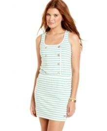 Gold-tone buttons and sea-foam stripes add nautical whimsy to this sun dress from Tommy Girl! Gold-tone buttons and sea-foam stripes add nautical whimsy to this sun dress from Tommy Girl!