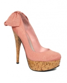 Put a bow on top for that finishing touch! Bebe's trendy Kahlilia platform pumps add a touch of retro flair with lacquered cork and grosgrain fabric. Put a bow on top for that finishing touch! Bebe's trendy Kahlilia platform pumps add a touch of retro flair with lacquered cork and grosgrain fabric.