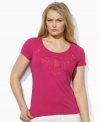 Tonal floral embroidery adds feminine style to Lauren by Ralph Lauren's classic plus size cotton tee.