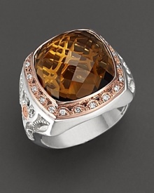 With an elegant diamond crescent frame wrought in rose gold and silver, this cushion-shaped cognac quartz ring features striking diamond accents. Designed by Tacori. With an elegant diamond crescent frame wrought in rose gold and silver, this cushion-shaped cognac quartz ring features striking diamond accents. Designed by Tacori.