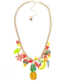 Tropical fruity charms. Betsey Johnson's antique gold tone mixed metal necklace features the most delicious charms: red cherries, yellow banana, green grapes, a pineapple with green details and crystal accents, multi-colored striped beads, and yellow and red faceted beads. Approximate length: 16 inches + 3-inch extender. Approximate drop: 2-1/4 inches. Tropical fruity charms. Betsey Johnson's antique gold tone mixed metal necklace features the most delicious charms: red cherries, yellow banana, green grapes, a pineapple with green details and crystal accents, multi-colored striped beads, and yellow and red faceted beads. Approximate length: 16 inches + 3-inch extender. Approximate drop: 2-1/4 inches.