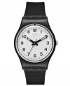 A classic every day Swatch watch in black and white, from the Something New collection.