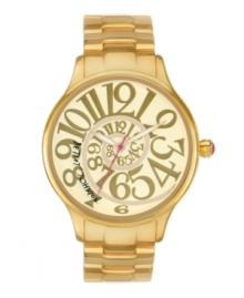 Follow Alice down the rabbit hole with this funky watch by Betsey Johnson. Gold tone stainless steel bracelet and round case. Champagne dial features swirling gold tone numerals, gold tone hour and minute hands, signature fuchsia second hand and logo. Quartz movement. Water resistant to 30 meters. Two-year limited warranty.