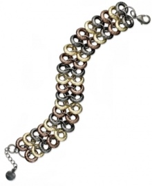 Lavish your wrist with lovely loops! This two-row bracelet form Alfani highlights circular beads in chocolate, gold and hematite tones. Finished with a logo-engraved lobster closure. Crafted in silver tone mixed metal. Approximate length: 7-1/2 inches + 1-inch extender. Lavish your wrist with lovely loops! This two-row bracelet form Alfani highlights circular beads in chocolate, gold and hematite tones. Finished with a logo-engraved lobster closure. Crafted in silver tone mixed metal. Approximate length: 7-1/2 inches + 1-inch extender.