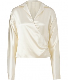 Elegant pearl wrap washed silk charmeuse top from Ralph Lauren Collection - Make a refiner statement in this classically cut wrap style top - Biased cut silk, small collar, wrapped silhouette - Style with a pencil skirt, bold shoulder blazer, and statement heels Elegant pearl wrap washed silk charmeuse top from Ralph Lauren Collection - Make a refiner statement in this classically cut wrap style top - Biased cut silk, small collar, wrapped silhouette - Style with a pencil skirt, bold shoulder blazer, and statement heels