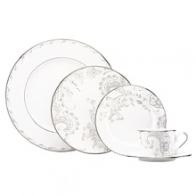 Paisley Bloom brings Marchesa's signature beaded accents to life on a tailored white bone dinnerware body. Silver mica and platinum decorate the rim for added appeal. The unique artistry of paisley and florals create a graceful tabletop collection that is romantic and refined, perfect for every dinner party. Paisley Bloom brings Marchesa's signature beaded accents to life on a tailored white bone dinnerware body. Silver mica and platinum decorate the rim for added appeal. The unique artistry of paisley and florals create a graceful tabletop collection that is romantic and refined, perfect for every dinner party.