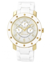 Bright white ceramic lends a structured yet stylish look to this Vince Camuto watch. Bright white ceramic lends a structured yet stylish look to this Vince Camuto watch.