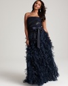 Steal the spotlight in this full-skirted organza feather gown from Tadashi Shoji Plus.