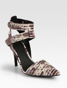 A sleek point toe pump in two-tone lizard-embossed leather, with wide ankle straps for an extra dose of edge. Self-covered heel, 4 (100mm)Lizard-print leather upperPoint toeAnkle strap with snap closuresLeather lining and solePadded insoleImported A sleek point toe pump in two-tone lizard-embossed leather, with wide ankle straps for an extra dose of edge. Self-covered heel, 4 (100mm)Lizard-print leather upperPoint toeAnkle strap with snap closuresLeather lining and solePadded insoleImported