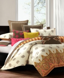 Taking inspiration from traditional Indian royal designs, Raja comforter sets from Echo create a warm and exotic appeal. The face of the comforter and sham features an intricate pattern in a palette of orange, yellow and brown, and reverses to a stripe pattern in matching hues.