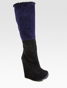 Shearling trim tops this tall silhouette of paneled suede, resting on a hidden wedge heel. Self-covered wedge, 5½ (140mm)Hidden platform, 1¾ (45mm)Compares to a 3¾ heel (95mm)Shaft, 17¼Leg circumference, 15¼Suede upper with shearling trimPull-on styleLeather liningRubber trek solePadded insoleMade in ItalyOUR FIT MODEL RECOMMENDS ordering one size up as this style runs small. Shearling trim tops this tall silhouette of paneled suede, resting on a hidden wedge heel. Self-covered wedge, 5½ (140mm)Hidden platform, 1¾ (45mm)Compares to a 3¾ heel (95mm)Shaft, 17¼Leg circumference, 15¼Suede upper with shearling trimPull-on styleLeather liningRubber trek solePadded insoleMade in ItalyOUR FIT MODEL RECOMMENDS ordering one size up as this style runs small.