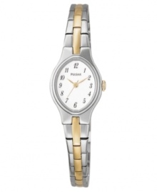 This slim, elegant silhouetted watch from Pulsar gives your everyday look divine grace. Two-tone stainless steel bracelet and silvertone oval case. Oval white dial with logo and numerical indices. Quartz movement. Three-year limited warranty.