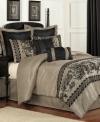 Dress up your bed with the beauty of intricate lace and an appeal that's nothing less than dramatic. The Lucile Lace comforter set brings elegance home with glamorous flocked lace and striking solid accents, all in a rich taupe-and-black palette.