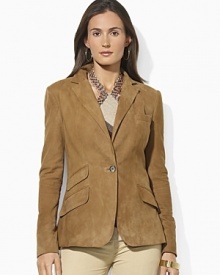 Supple suede creates the silhouette of a sleek one-button jacket, crafted with classic styling details for a modern take on a timeless piece. Supple suede creates the silhouette of a sleek one-button jacket, crafted with classic styling details for a modern take on a timeless piece.