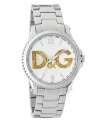 Classic D&G style from the inside out. Watch crafted of stainless steel bracelet and round case. Silver tone grid-patterned dial features numerals at twelve and six o'clock, stick indices, black minute track, three hands and gold tone logo cutout at center. Quartz movement. Water resistant to 50 meters. Two-year limited warranty.
