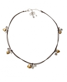 A crafty design with lots of charm. This cute necklace by Fossil features a chocolate-colored leather cord with clusters of brass and silver tone heart charms and crystal accents. Lock and key charms located at lobster claw clasp. Approximate length: 18 inches. Approximate drop: 6/8 inch. A crafty design with lots of charm. This cute necklace by Fossil features a chocolate-colored leather cord with clusters of brass and silver tone heart charms and crystal accents. Lock and key charms located at lobster claw clasp. Approximate length: 18 inches. Approximate drop: 6/8 inch.
