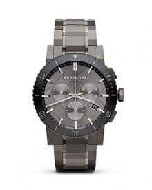 Whether at the beach, bar, or boardroom, this Burberry watch makes an unforgettable impression. Crafted of stainless steel with bold three-eye chronograph, it models sleek, modern style. Whether at the beach, bar, or boardroom, this Burberry watch makes an unforgettable impression. Crafted of stainless steel with bold three-eye chronograph, it models sleek, modern style.