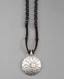 Carefree style that makes you feel right at home. This trendy Lucky Brand necklace features a brown suede cord, an antiqued mixed metal chain and a pretty hammered silver daisy pendant. Approximate length: 23 inches + 12-1/2 inch extender. Approximate drop: 1 inch. Carefree style that makes you feel right at home. This trendy Lucky Brand necklace features a brown suede cord, an antiqued mixed metal chain and a pretty hammered silver daisy pendant. Approximate length: 23 inches + 12-1/2 inch extender. Approximate drop: 1 inch.