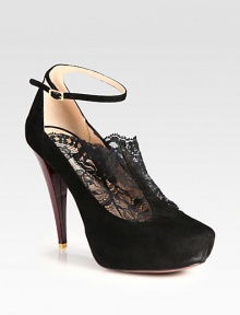 A trend-forward ankle strap tops this distinct suede pump, with romantic floral lace and a luminous patent heel. Patent leather-covered heel, 4¾ (120mm)Hidden platform, 1 (25mm)Compares to a 3¾ heel (95mm)Suede and stretch lace upperAdjustable ankle strapLeather lining and solePadded insoleMade in Italy A trend-forward ankle strap tops this distinct suede pump, with romantic floral lace and a luminous patent heel. Patent leather-covered heel, 4¾ (120mm)Hidden platform, 1 (25mm)Compares to a 3¾ heel (95mm)Suede and stretch lace upperAdjustable ankle strapLeather lining and solePadded insoleMade in Italy