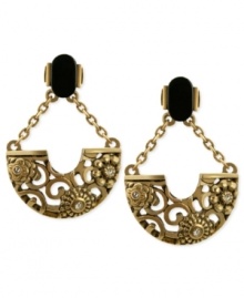 Intricately ornate, T Tahari's drop earrings, part of its Deco Lace Collection, are crafted from gold-tone mixed metal. Glass crystals add luster to the pair, and a black stone post gives the earrings a stylish touch. Approximate drop: 1-3/4 inches. Intricately ornate, T Tahari's drop earrings, part of its Deco Lace Collection, are crafted from gold-tone mixed metal. Glass crystals add luster to the pair, and a black stone post gives the earrings a stylish touch. Approximate drop: 1-3/4 inches.
