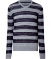 Stylish heather and navy duo striped sweater - This wool-blend striped sweater is a must-have for fall - Classic pullover style with a slim fit - Wear with straight leg jeans, a leather jacket, and boots