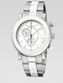 From the G Chrono Collection. A technical timepiece. Swiss ETA quartz movementWater resistant to 3 ATMRound stainless steel case, 44mm (1.7)Ceramic logo bezelWhite matte chronograph dialBar hour markersSecond hand Stainless steel and white ceramic link braceletMade in Switzerland From the G Chrono Collection. A technical timepiece. Swiss ETA quartz movementWater resistant to 3 ATMRound stainless steel case, 44mm (1.7)Ceramic logo bezelWhite matte chronograph dialBar hour markersSecond hand Stainless steel and white ceramic link braceletMade in Switzerland