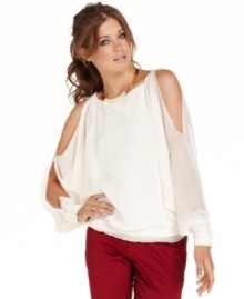 This ethereal top from Jessica Simpson will have you channeling your inner goddess! Shoulder-revealing cutouts and draped chiffon fabric add softness to the look. This ethereal top from Jessica Simpson will have you channeling your inner goddess! Shoulder-revealing cutouts and draped chiffon fabric add softness to the look.