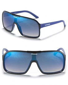 Mirrored lenses lend cutting-edge cool to these square shades from Carrera. Mirrored lenses lend cutting-edge cool to these square shades from Carrera.