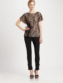 A lovely lace overlay and side bow add a romantic touch to this charming tee. BoatneckShort sleevesLace overlayLace bow detailPull-on styleAbout 25 from shoulder to hem73% nylon/27% viscoseDry cleanMade in Italy of imported fabric Model shown is 5'10 (177cm) wearing US size 4. A lovely lace overlay and side bow add a romantic touch to this charming tee. BoatneckShort sleevesLace overlayLace bow detailPull-on styleAbout 25 from shoulder to hem73% nylon/27% viscoseDry cleanMade in Italy of imported fabric Model shown is 5'10 (177cm) wearing US size 4.