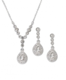 Teardrop silhouettes are cheered up with shimmering crystal accents on Charter Club's necklace and earring set. Crafted in silver tone mixed metal. Approximate length (necklace): 14 inches + 2-inch extender. Approximate drop (both): 1-3/4 inches. Teardrop silhouettes are cheered up with shimmering crystal accents on Charter Club's necklace and earring set. Crafted in silver tone mixed metal. Approximate length (necklace): 14 inches + 2-inch extender. Approximate drop (both): 1-3/4 inches.