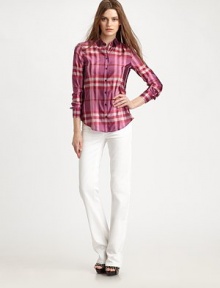 Silky and crisp, tailored with menswear-inspired details and printed with a colorful checked pattern.Point collarFront button placketLong sleeves with button cuffsCurved hemline62% polyester/38% silkDry cleanImportedModel shown is 5'10½ (179cm) wearing US size 4. Silky and crisp, tailored with menswear-inspired details and printed with a colorful checked pattern.Point collarFront button placketLong sleeves with button cuffsCurved hemline62% polyester/38% silkDry cleanImportedModel shown is 5'10½ (179cm) wearing US size 4.