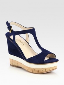 Suede t-strap wedge style with contrast micro-foam stripe and cork detail. Stacked wedge, 4½ (115mm)Cork and micro-foam stripe platform, 1½ (40mm) Compares to a 3 heel (75mm)Suede upperLeather lining and solePadded insoleMade in ItalyOUR FIT MODEL RECOMMENDS ordering one half size up as this style runs small. Suede t-strap wedge style with contrast micro-foam stripe and cork detail. Stacked wedge, 4½ (115mm)Cork and micro-foam stripe platform, 1½ (40mm) Compares to a 3 heel (75mm)Suede upperLeather lining and solePadded insoleMade in ItalyOUR FIT MODEL RECOMMENDS ordering one half size up as this style runs small.