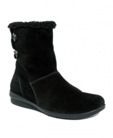 A round-toe shape and flex sole help make Clarks' Anna Curly ankle boots so comfortable, you'll want to wear them at home while curled up with a good book! Made in leather with an adjustable button and elastic closure, as well as a zipper detail on the side. A round-toe shape and flex sole help make Clarks' Anna Curly ankle boots so comfortable, you'll want to wear them at home while curled up with a good book! Made in leather with an adjustable button and elastic closure, as well as a zipper detail on the side.