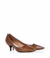 Finish your elegant look on an exquisitely luxe note with these chic cinnamon crocodile pumps from Salvatore Ferragamo, detailed with a pointy toe for that iconically Italian feel - Softly pointed toe, kitten-heel, strap with engraved logo hardware - Pair with everything from sleek tailored trousers to dressy suits