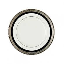 Intricately textured platinum rings on pure white china paired with the fashionably modern look of ebony creates a new sophistication for your table. Intricately textured platinum rings on pure white china paired with the fashionably modern look of ebony creates a new sophistication for your table.