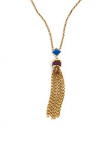 THE LOOKPendant designSwarovski crystal & turquoise accentsTassel detailCircle chainAntique gold-plated settingTHE MEASUREMENTPendant length, about 4.5Length, about 29ORIGINMade in USA THE LOOKPendant designSwarovski crystal & turquoise accentsTassel detailCircle chainAntique gold-plated settingTHE MEASUREMENTPendant length, about 4.5Length, about 29ORIGINMade in USA
