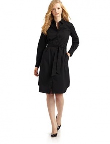 THE LOOKPoint collarHidden button frontSingle front patch pocketLong sleeves with buttoned cuffsSelf tie at waistTHE FITAbout 42 from natural waistTHE MATERIAL72% cotton/23% polyamide/5% LycraCARE & ORIGINMachine washImported THE LOOKPoint collarHidden button frontSingle front patch pocketLong sleeves with buttoned cuffsSelf tie at waistTHE FITAbout 42 from natural waistTHE MATERIAL72% cotton/23% polyamide/5% LycraCARE & ORIGINMachine washImported
