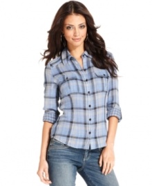 A menswear-inspired plaid petite shirt gets a feminine makeover from Seven7! Lounge around in it on weekends and still look cute! A menswear-inspired plaid petite shirt gets a feminine makeover from Seven7! Lounge around in it on weekends and still look cute!