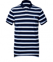 Detailed in ultra soft cotton pique, this striped polo is the epitome of the timeless classic Ralph Lauren look - Small navy collar, button placket, short sleeves, navy trim, embroidered polo player at chest, slit sides, high-low hemline - Classic cut - Wear with everything from jeans and sneakers to colored cords and loafers