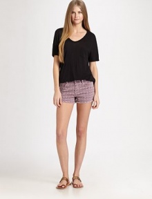 Printed denim- this season's must-have look- in a chic cut-off style.THE FITSkinny fitRise, about 3Inseam, about 8THE DETAILSZip flyFive-pocket style93% cotton/6% polyester/1% LycraDry cleanMade in USA of imported fabricModel shown is 5'11 (180cm) wearing US size 4. Printed denim- this season's must-have look- in a chic cut-off style.THE FITSkinny fitRise, about 3Inseam, about 8THE DETAILSZip flyFive-pocket style93% cotton/6% polyester/1% LycraDry cleanMade in USA of imported fabricModel shown is 5'11 (180cm) wearing US size 4.