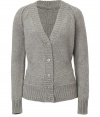 Raise the bar on modern essentials with Closeds elegant heather grey cardigan - Super-soft, acrylic, alpaca and wool knit - Slim cut with deep v-neck and five-button placket - Rib trim at cuffs, collar and hem - Decorative banded seams at hips - Casually chic, perfect for pairing with skinny denim, pencil skirts and cigarette pants