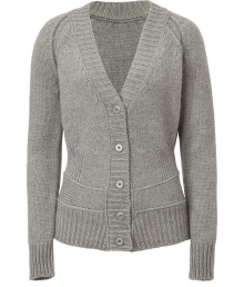 Raise the bar on modern essentials with Closeds elegant heather grey cardigan - Super-soft, acrylic, alpaca and wool knit - Slim cut with deep v-neck and five-button placket - Rib trim at cuffs, collar and hem - Decorative banded seams at hips - Casually chic, perfect for pairing with skinny denim, pencil skirts and cigarette pants Raise the bar on modern essentials with Closeds elegant heather grey cardigan - Super-soft, acrylic, alpaca and wool knit - Slim cut with deep v-neck and five-button placket - Rib trim at cuffs, collar and hem - Decorative banded seams at hips - Casually chic, perfect for pairing with skinny denim, pencil skirts and cigarette pants