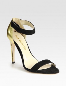 Luxe metallic leather pairs with soft suede in this ultra-seductive design. Metallic leather-covered heel, 4 (100mm)Suede and metallic leather upperAnkle strap with button closureLeather lining and solePadded insoleMade in Italy Luxe metallic leather pairs with soft suede in this ultra-seductive design. Metallic leather-covered heel, 4 (100mm)Suede and metallic leather upperAnkle strap with button closureLeather lining and solePadded insoleMade in Italy