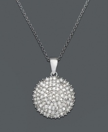 Round out your look with the perfect amount of shine. This circular pendant highlights dozens of round-cut diamonds (1 ct. t.w.) strung from a sterling silver chain and setting. Approximate length: 18 inches. Approximate drop: 1 inch. Round out your look with the perfect amount of shine. This circular pendant highlights dozens of round-cut diamonds (1 ct. t.w.) strung from a sterling silver chain and setting. Approximate length: 18 inches. Approximate drop: 1 inch.