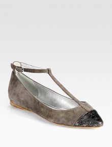 Charming silhouette of buttery suede, finished with a metallic pointed cap toe and adjustable ankle strap. Suede upperPoint toeLeather lining and solePadded insoleImportedOUR FIT MODEL RECOMMENDS ordering one half size up as this style runs small. Charming silhouette of buttery suede, finished with a metallic pointed cap toe and adjustable ankle strap. Suede upperPoint toeLeather lining and solePadded insoleImportedOUR FIT MODEL RECOMMENDS ordering one half size up as this style runs small.