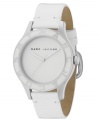 Pure allure. White patent leather strap. Stainless steel case with By Marc Jacobs written around bezel. Minimalist white dial with black logo. Three hands. Quartz movement. Water resistant to 30 meters. Two-year limited warranty.