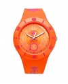 Sun-drenched with bold color and fearless style: the Taylor watch by Juicy Couture. Crafted of orange synthetic jelly bracelet with pink printed logo and round plastic case with pink numerals and crown logo at bezel. Orange dial features white numerals at three, nine and twelve o'clock, pink stick indices, minute track, Watch Your Couture at six o'clock, crown logo at center and three luminous hands. Quartz movement. Water resistant to 30 meters. Two-year limited warranty.