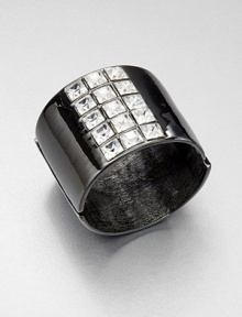 A chic gunmetal-finished style accented with a block of sparkling Swarovski crystals. Swarovski crystalsGunmetal-finishDiameter, about 2.5Width, about 2Hinged, magnetic closureMade in USA A chic gunmetal-finished style accented with a block of sparkling Swarovski crystals. Swarovski crystalsGunmetal-finishDiameter, about 2.5Width, about 2Hinged, magnetic closureMade in USA