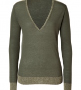 With military-inspired styling and a dusting of metallic shimmer, Josephs cashmere pullover is a chic choice for elevating tailored daytime looks - V-neckline, long sleeves, tonal metallic trim and shoulder detail - Slim fit - Wear with a tee, slim fit trousers and streamlined leather accessories